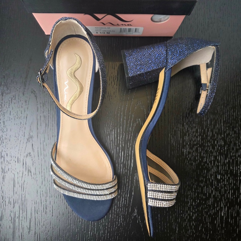 Nina Navy Blue Glitter Block Heels with Rhinestone Straps